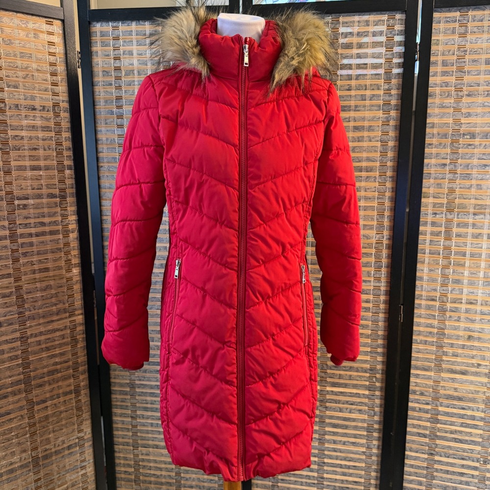 Tommy Hilfiger Puffer Jacket Women Large Red Faux Fur Hood Quilted Parka Coat